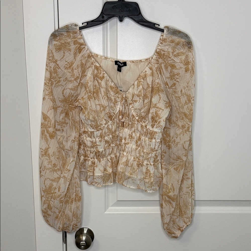 Express Cream Floral Smocked Peasant Top - Tan Print